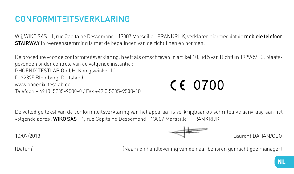 Conformiteitsverklaring | Wiko STAIRWAY User Manual | Page 157 / 180