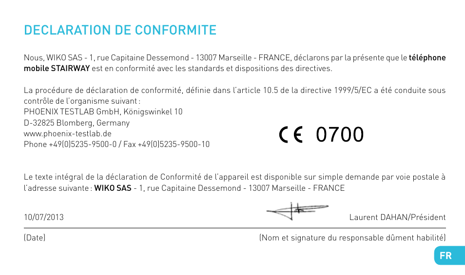 Declaration de conformite | Wiko STAIRWAY User Manual | Page 25 / 180