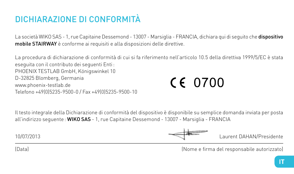 Dichiarazione di conformità | Wiko STAIRWAY User Manual | Page 69 / 180