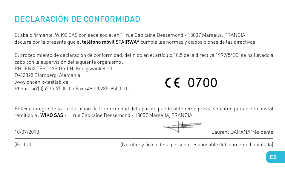 Declaración de conformidad | Wiko STAIRWAY User Manual | Page 91 / 180