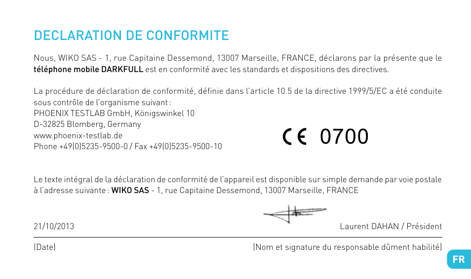Declaration de conformite | Wiko DARKFULL User Manual | Page 25 / 194