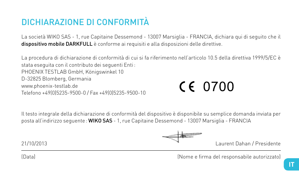 Dichiarazione di conformità | Wiko DARKFULL User Manual | Page 73 / 194