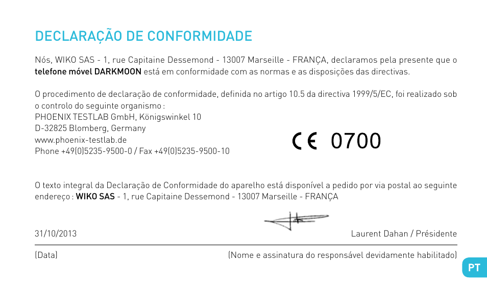 Declaração de conformidade | Wiko DARKMOON User Manual | Page 121 / 194