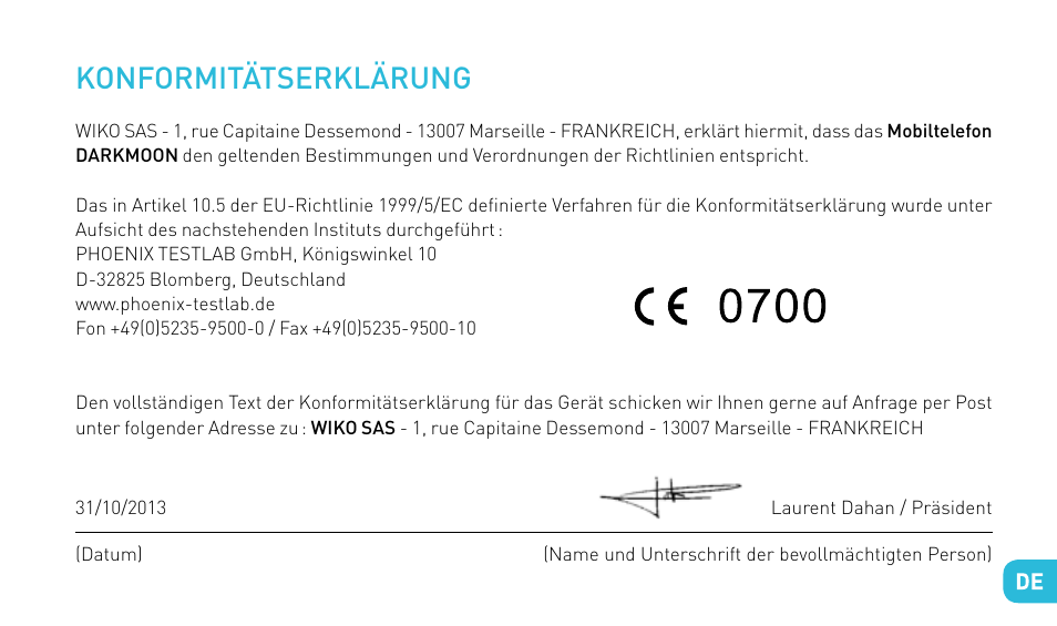 Konformitätserklärung | Wiko DARKMOON User Manual | Page 145 / 194