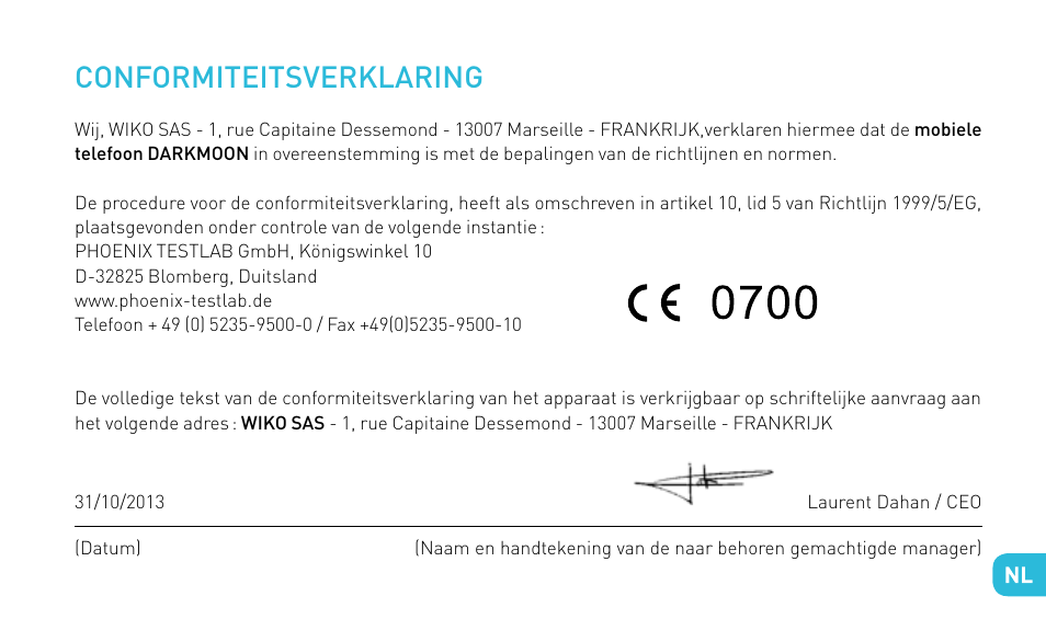 Conformiteitsverklaring | Wiko DARKMOON User Manual | Page 169 / 194