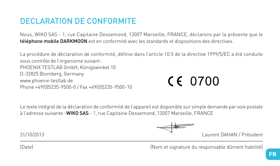 Declaration de conformite | Wiko DARKMOON User Manual | Page 25 / 194