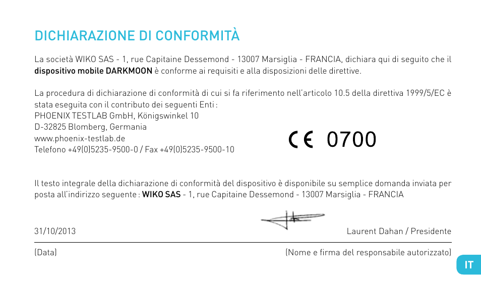 Dichiarazione di conformità | Wiko DARKMOON User Manual | Page 73 / 194