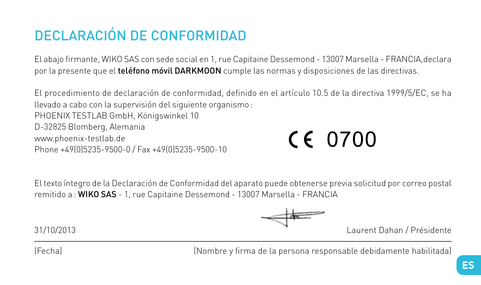 Declaración de conformidad | Wiko DARKMOON User Manual | Page 97 / 194