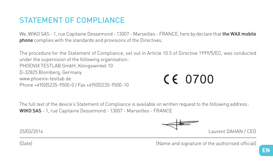 Statement of compliance | Wiko WAX 4G User Manual | Page 49 / 194