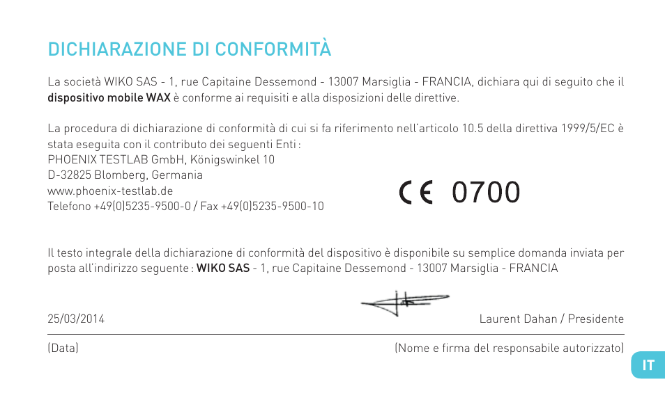 Dichiarazione di conformità | Wiko WAX 4G User Manual | Page 73 / 194