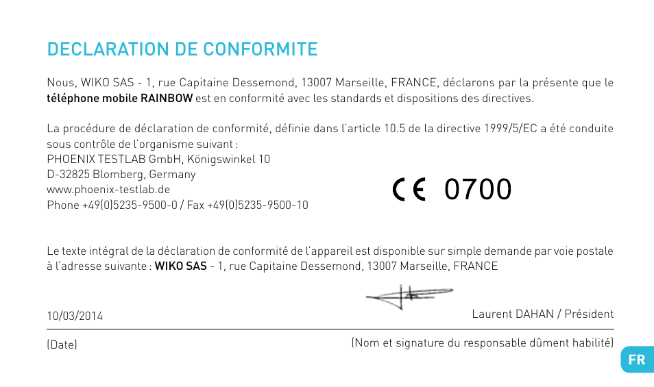 Declaration de conformite | Wiko RAINBOW User Manual | Page 25 / 194