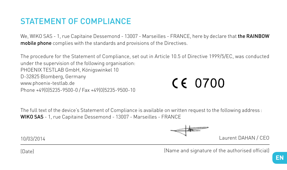 Statement of compliance | Wiko RAINBOW User Manual | Page 49 / 194