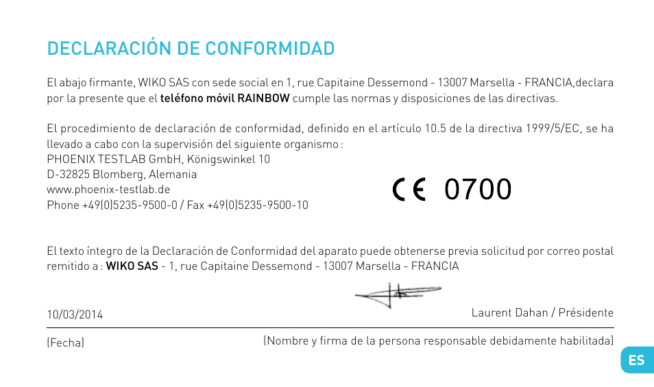 Declaración de conformidad | Wiko RAINBOW User Manual | Page 97 / 194