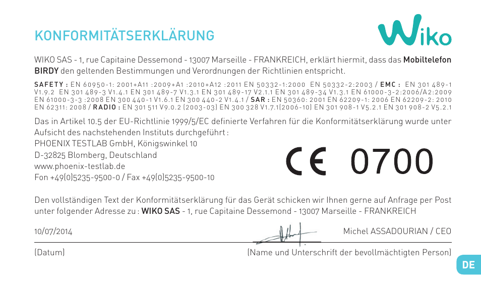 Konformitätserklärung | Wiko BIRDY 4G User Manual | Page 157 / 235