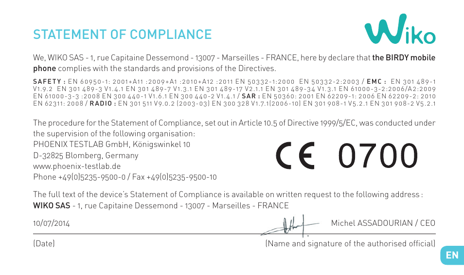 Statement of compliance | Wiko BIRDY 4G User Manual | Page 27 / 235