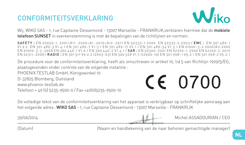 Conformiteitsverklaring | Wiko SUNSET User Manual | Page 183 / 235