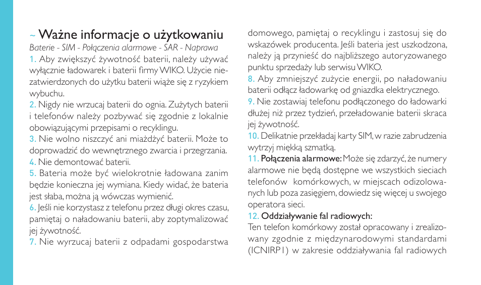 Ważne informacje o użytkowaniu | Wiko GOA User Manual | Page 228 / 235