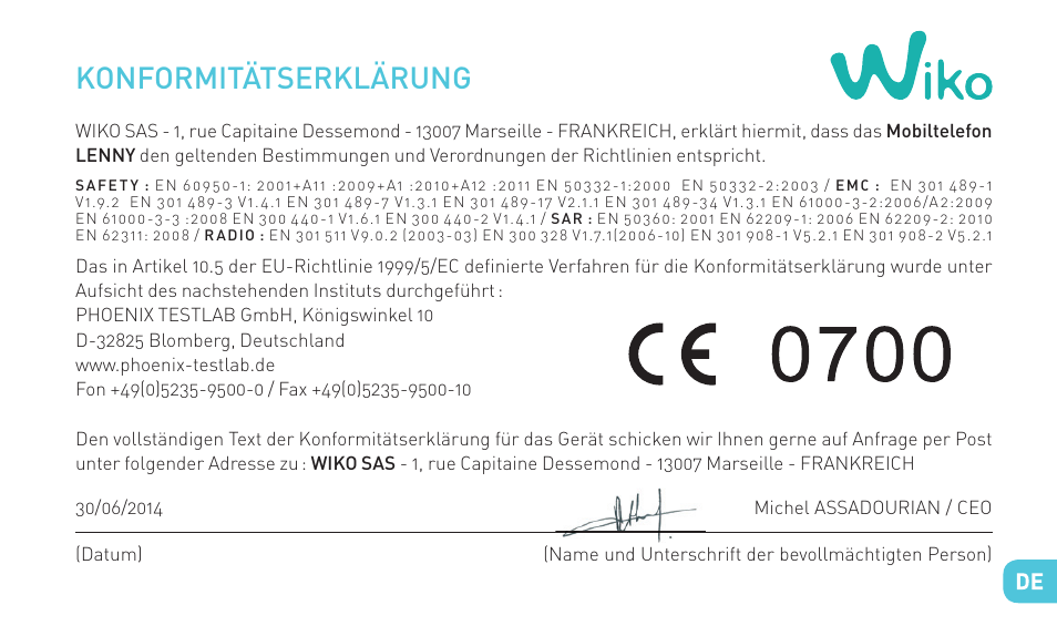 Konformitätserklärung | Wiko LENNY User Manual | Page 157 / 235