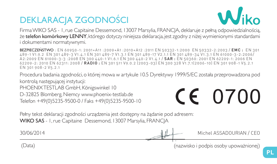 Deklaracja zgodności | Wiko LENNY User Manual | Page 233 / 235
