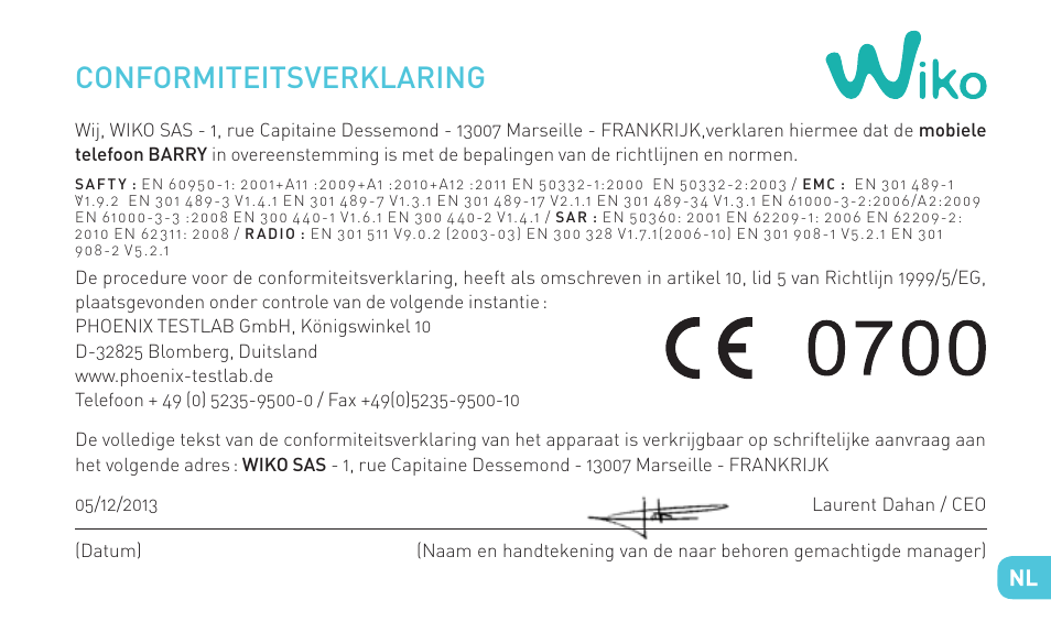 Conformiteitsverklaring | Wiko BARRY User Manual | Page 169 / 194