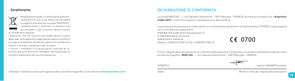 Dichiarazione di conformità | Wiko OZZY User Manual | Page 37 / 98
