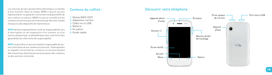 Découvrir votre téléphone, Contenu du coffret | Wiko OZZY User Manual | Page 4 / 98