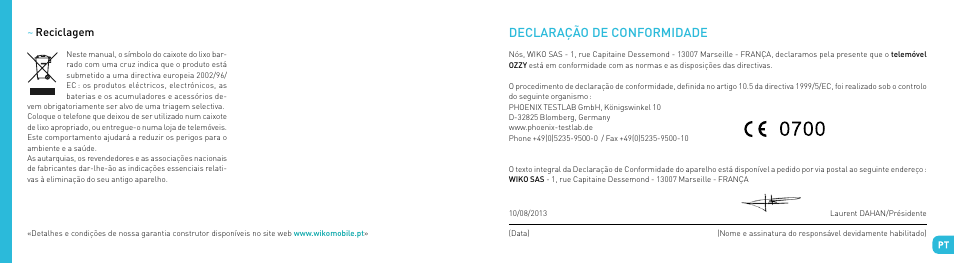 Declaração de conformidade | Wiko OZZY User Manual | Page 61 / 98