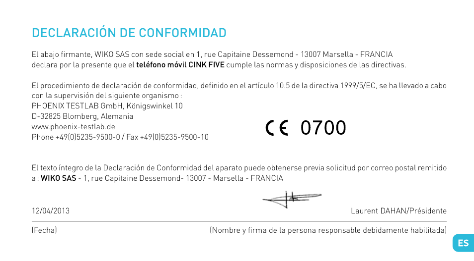 Declaración de conformidad | Wiko CINK FIVE User Manual | Page 97 / 194