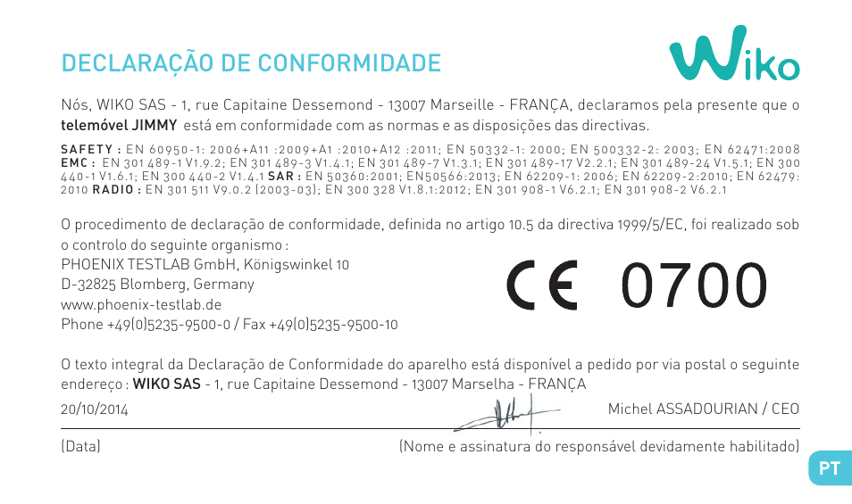 Declaração de conformidade | Wiko JIMMY User Manual | Page 131 / 236