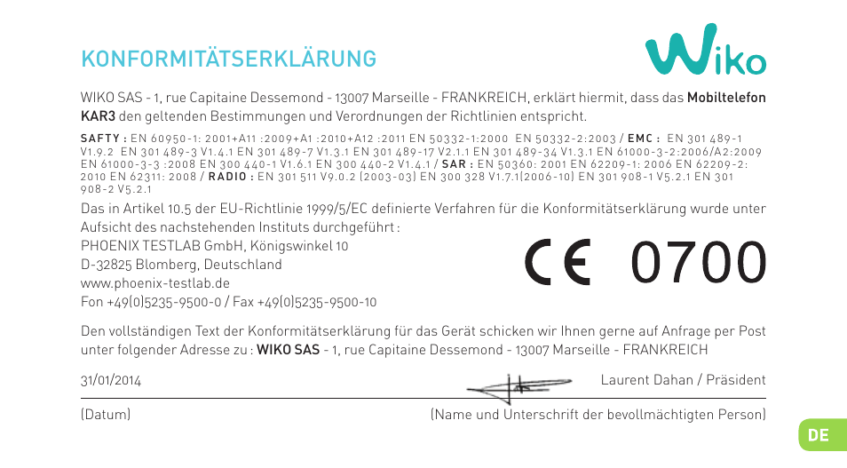 Konformitätserklärung | Wiko KAR 3 User Manual | Page 108 / 162