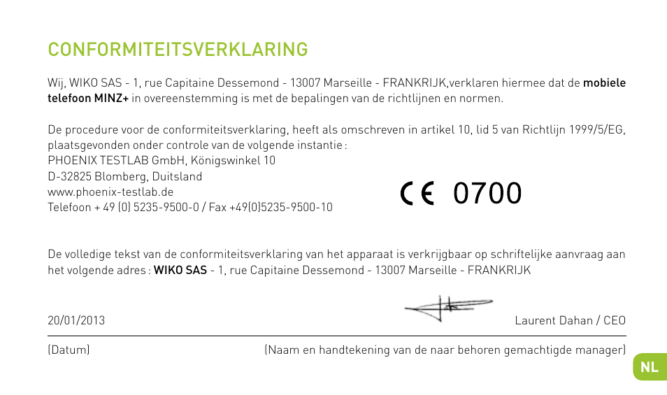 Conformiteitsverklaring | Wiko MINZ+ User Manual | Page 129 / 148