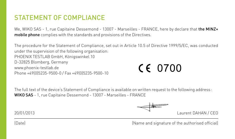 Statement of compliance | Wiko MINZ+ User Manual | Page 36 / 148