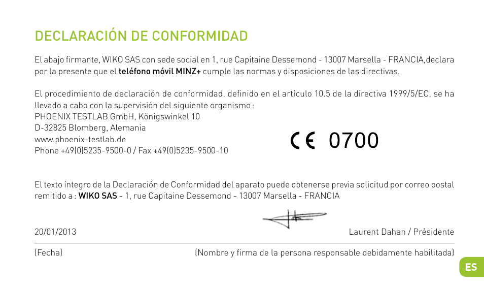 Declaración de conformidad | Wiko MINZ+ User Manual | Page 73 / 148