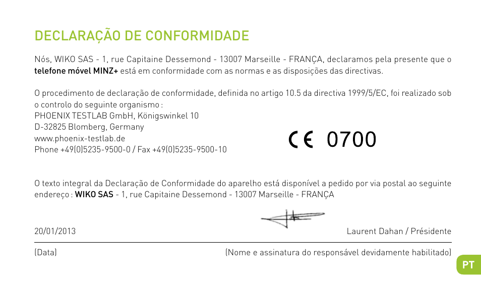 Declaração de conformidade | Wiko MINZ+ User Manual | Page 91 / 148