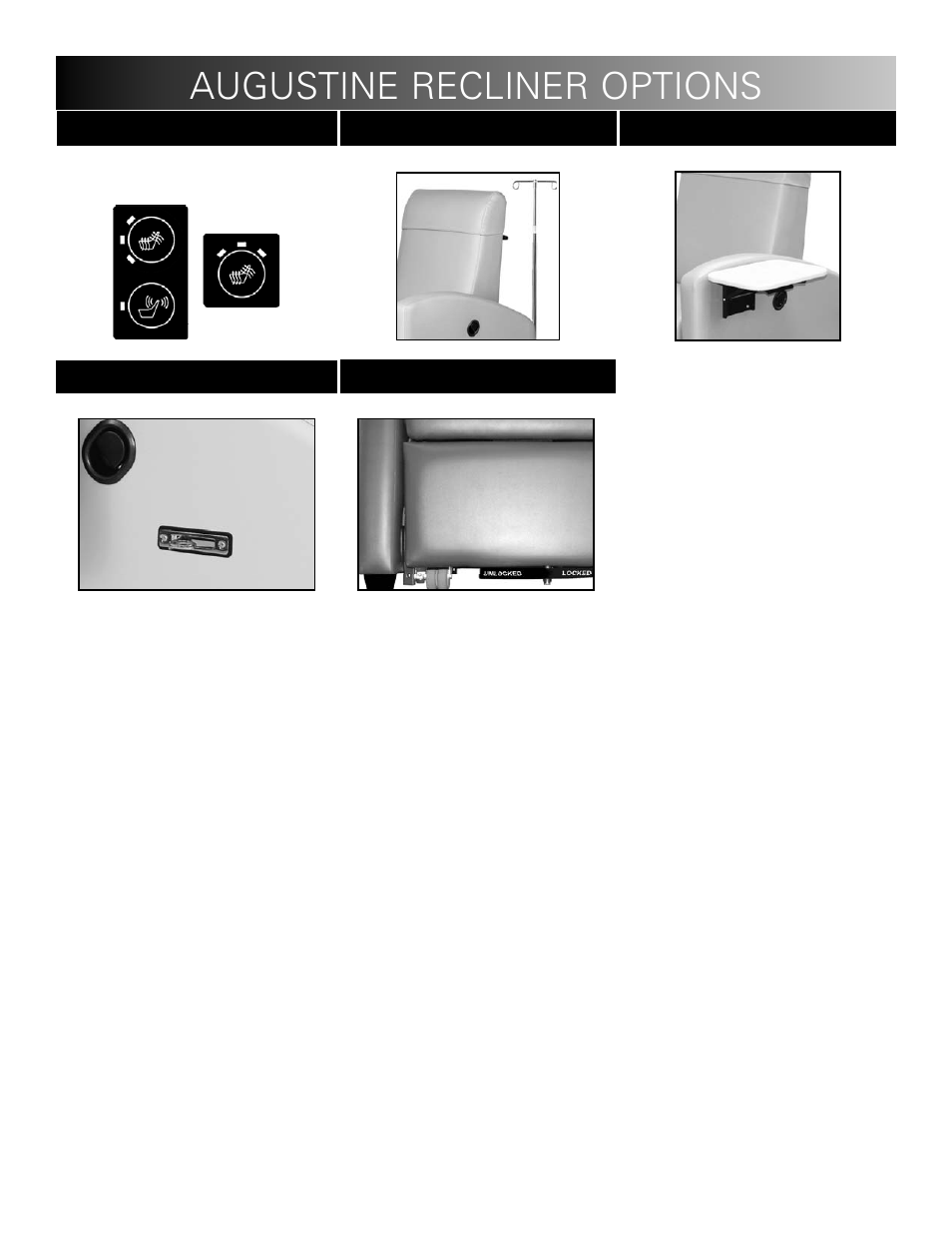 Augustine recliner options, Heat & massage, Iv pole & attachment | Accessory holder, Side-table, Central front brake | Winco Mfg. 5001 - Augustine Treatment Recliner User Manual | Page 15 / 16