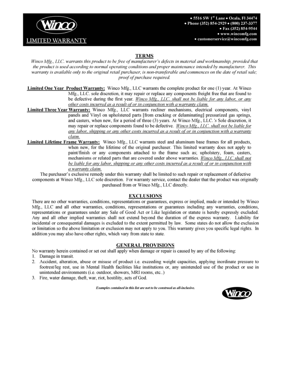 Winco Mfg. Room Chair 5580 User Manual | Page 8 / 8