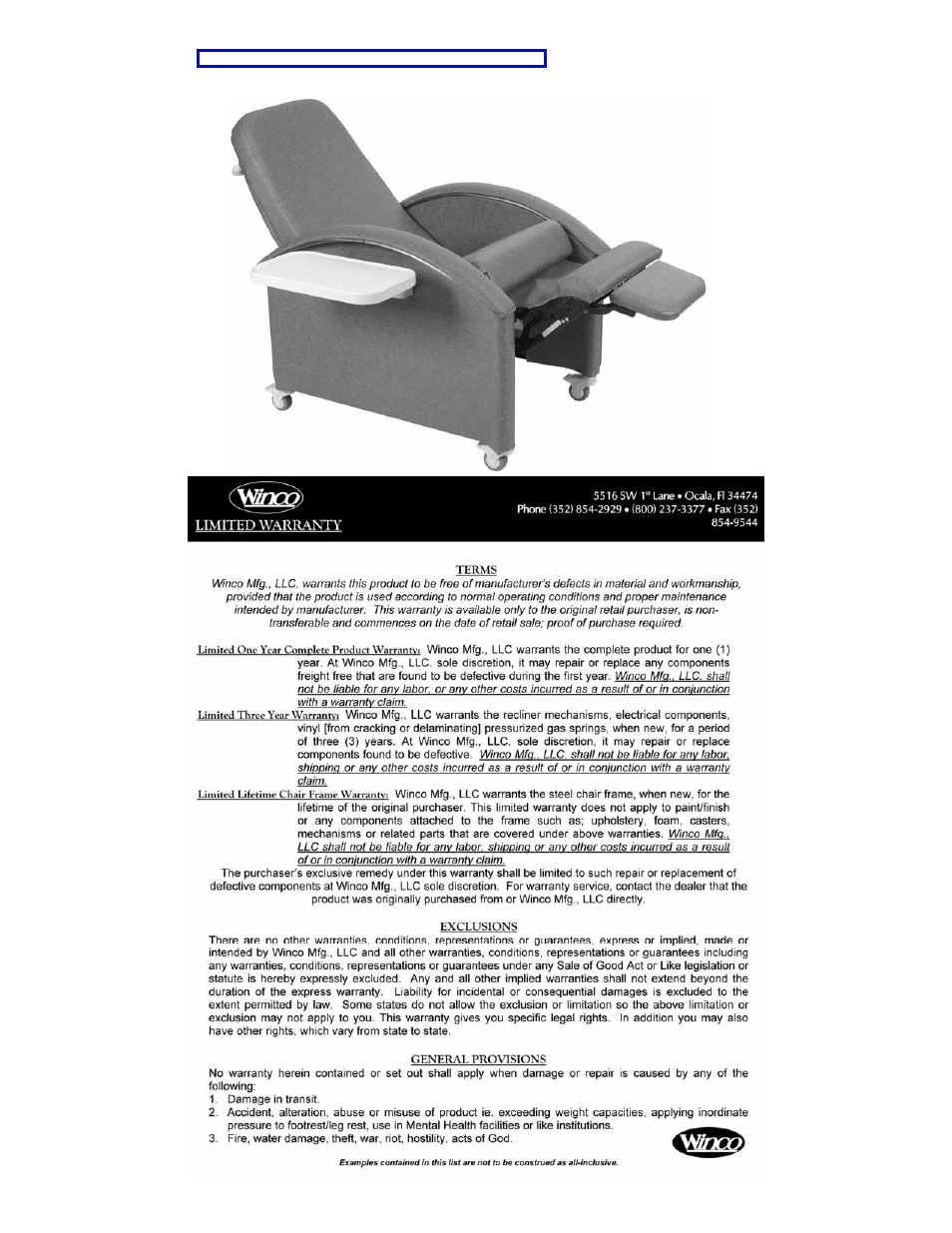 Winco Mfg. 5560 - Comfort Care Premier Recliner User Manual | Page 3 / 3