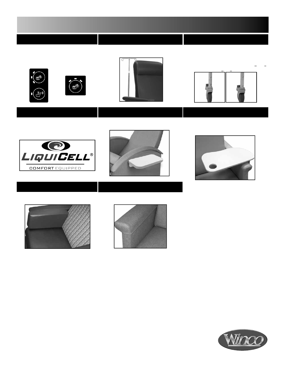 Options for your winco care cliner, Heat & massage, Iv pole & attachment | Leg extensions, Liquicell, Armrest covers, Side cushion, Versa-table | Winco Mfg. 6560 - Premier CareCliner User Manual | Page 15 / 16