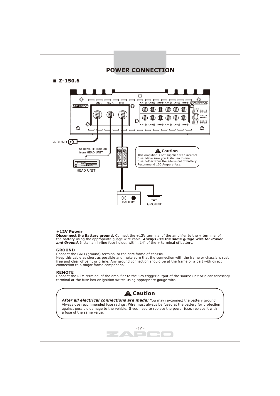 Power connection, Caution, Z-150.6 | Zapco Z-series B User Manual | Page 11 / 20