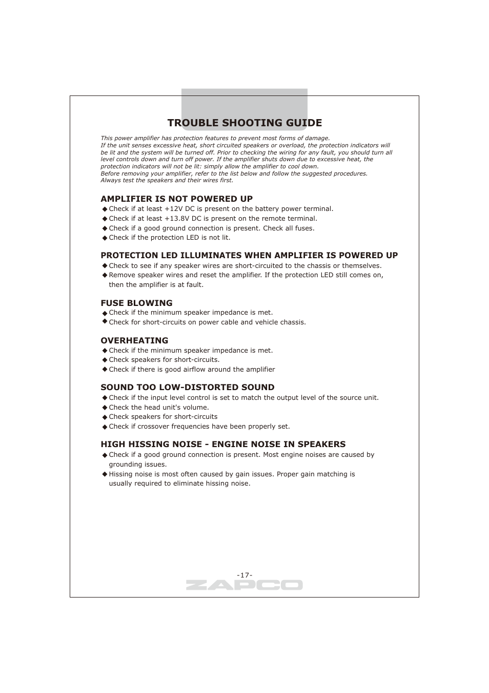 Trouble shooting guide | Zapco Z-series B User Manual | Page 18 / 20