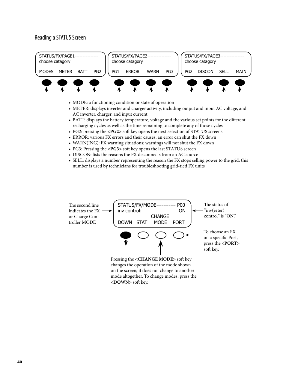 Reading a status screen | Outback Power Systems MATE2 User Manual | Page 40 / 128