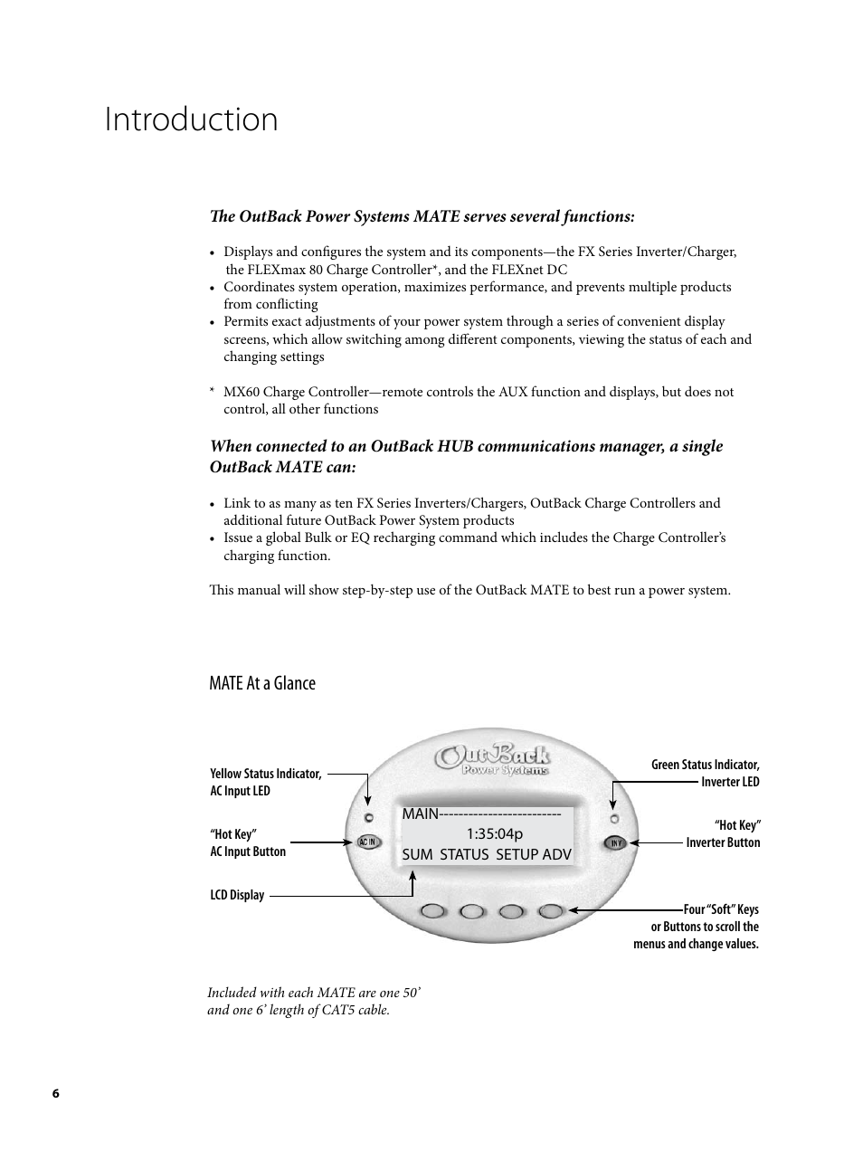 Introduction, Mate at a glance | Outback Power Systems MATE2 User Manual | Page 6 / 128
