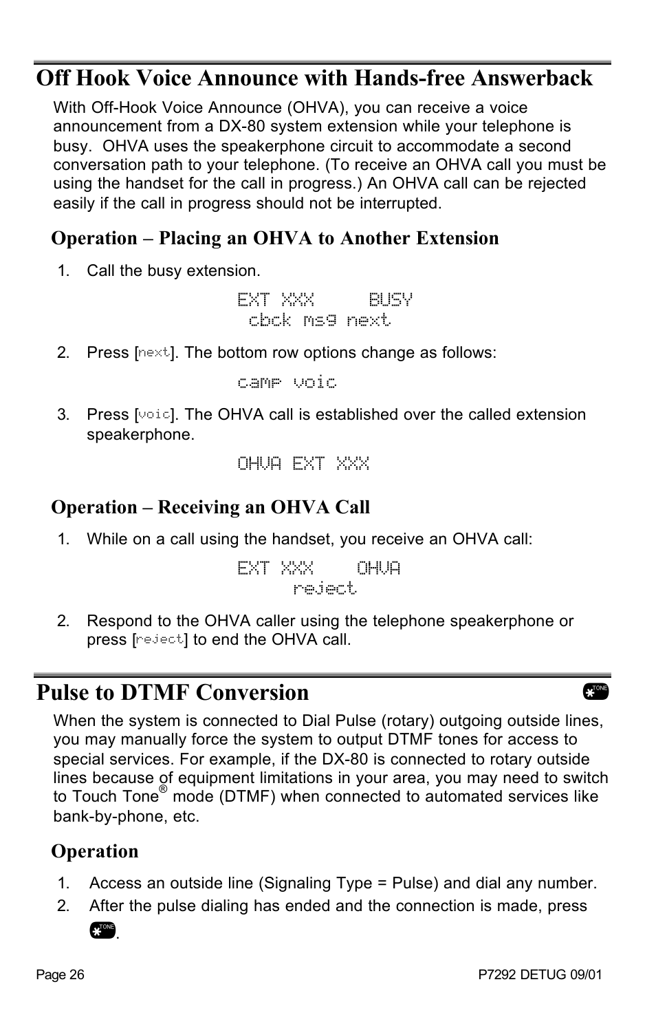 Off hook voice announce with hands-free answerback, Ext xxx busy cbck msg next, Camp voic | Ohva ext xxx, Ext xxx ohva reject, Pulse to dtmf conversion | Vertical Communications DX-80TM User Manual | Page 29 / 55