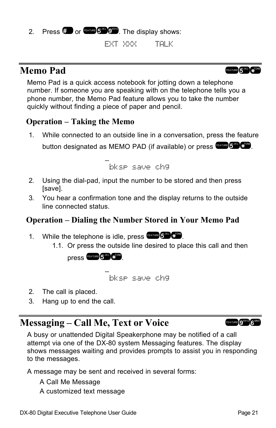 Bksp save chg, Messaging – call me, text or voice !96 | Vertical Communications DX-80 User Manual | Page 24 / 55