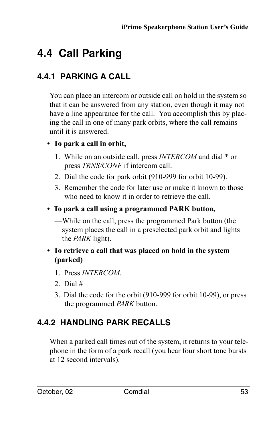 4 call parking, 1 parking a call, 2 handling park recalls | Vertical Communications 8012S User Manual | Page 63 / 162
