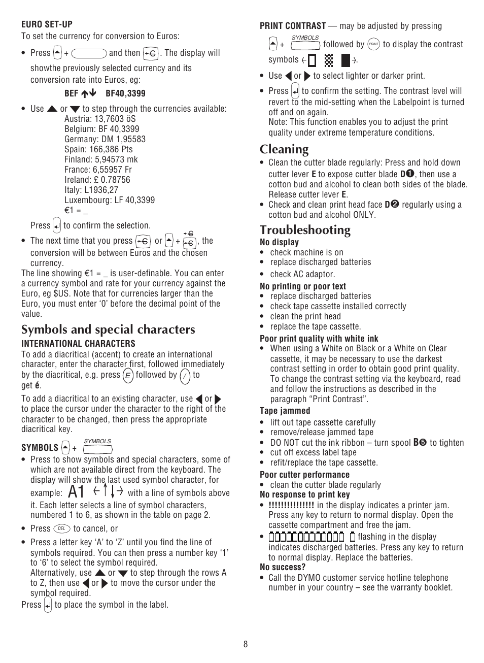 Symbols and special characters, Cleaning, Troubleshooting | Esselte DYMO LP300 User Manual | Page 12 / 12