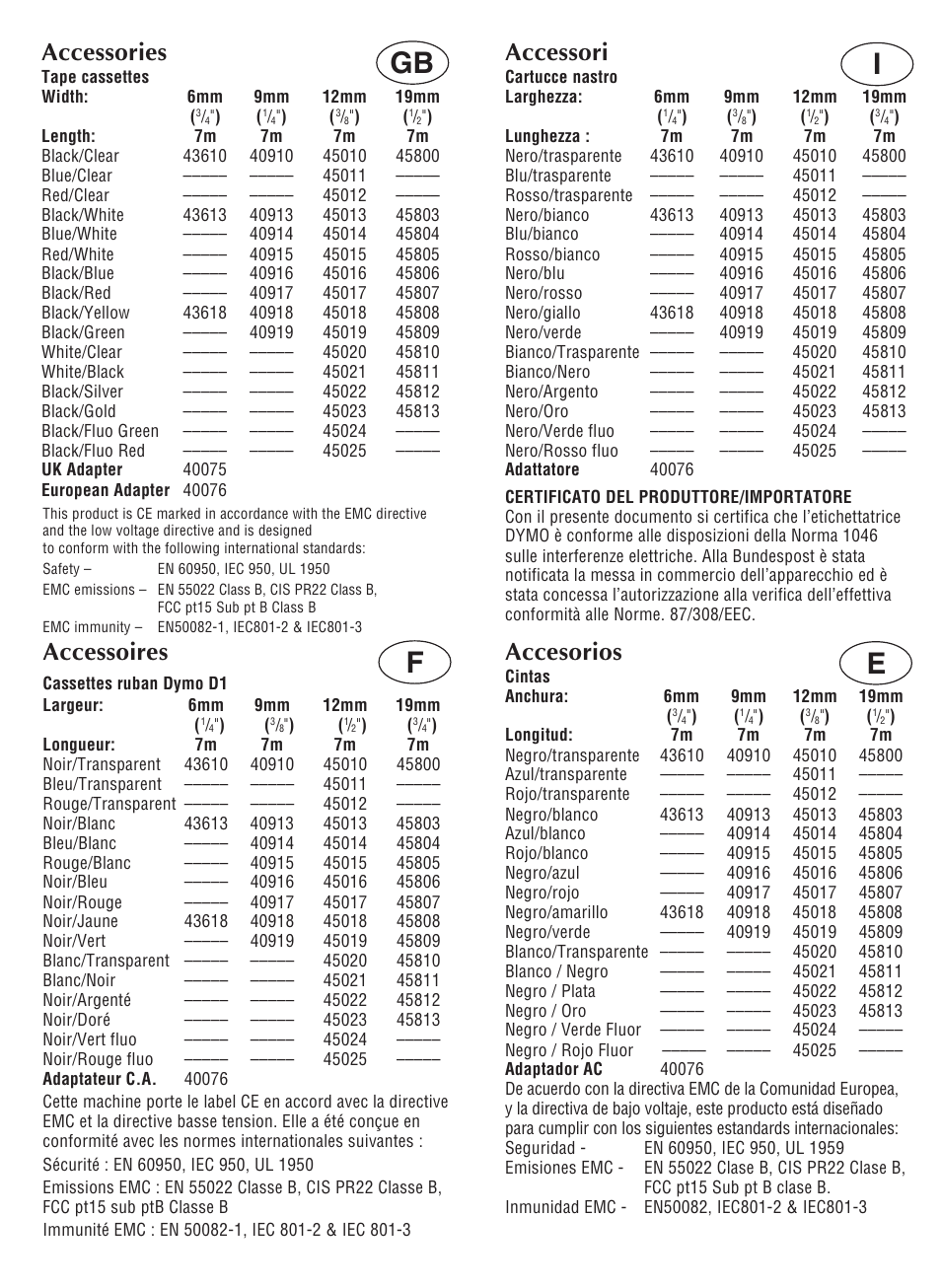 Fi gb, Accessoires, Accessori | Accessories, Accesorios | Esselte DYMO LP300 User Manual | Page 4 / 12