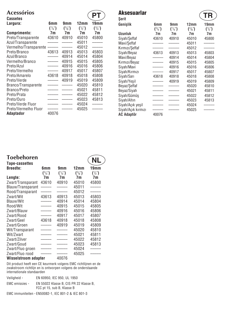 Pt tr, Aksesuarlar, Acessórios | Toebehoren | Esselte DYMO LP300 User Manual | Page 5 / 12