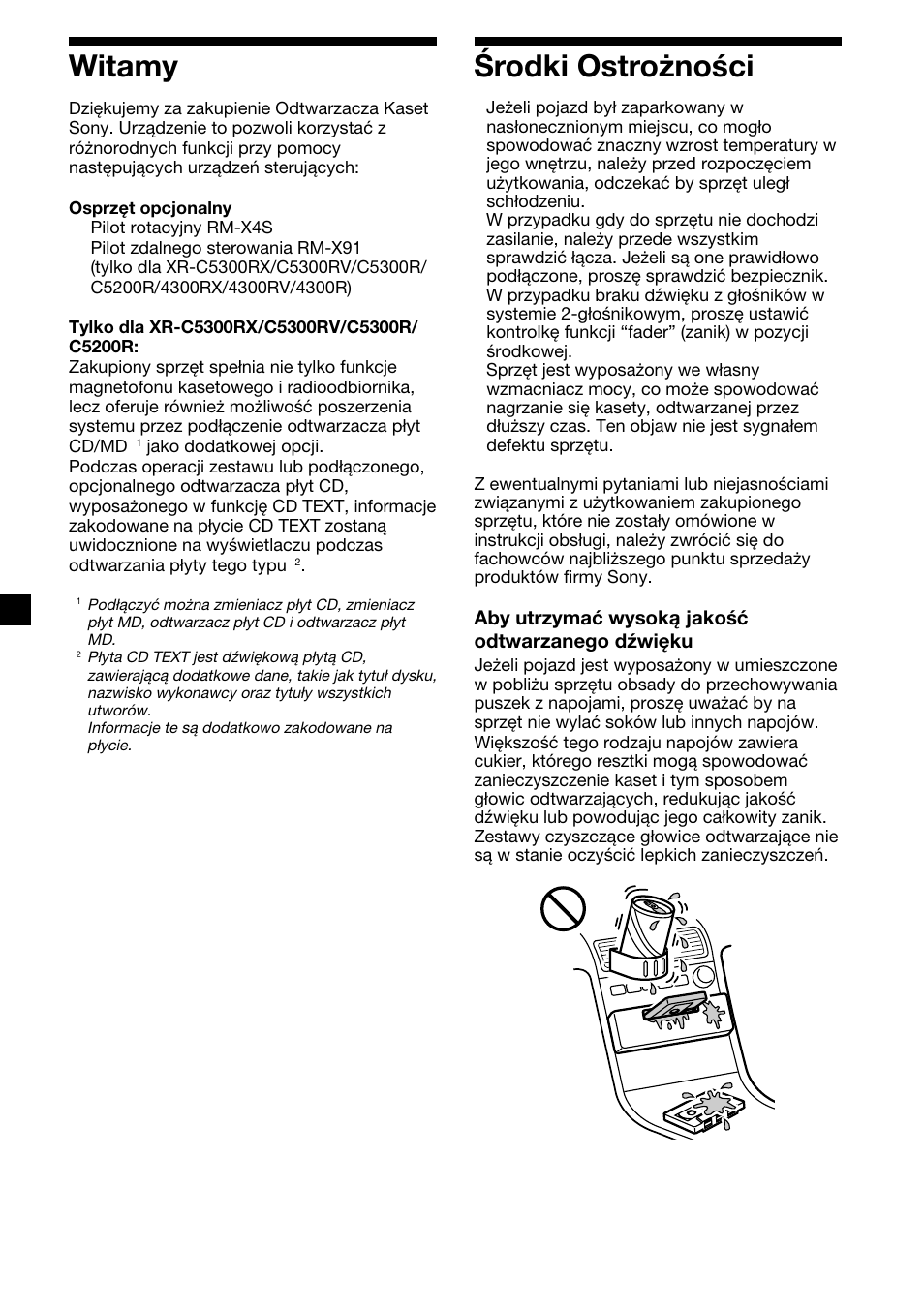 Witamy środki ostrożności | Sony XR-4200R User Manual | Page 62 / 152