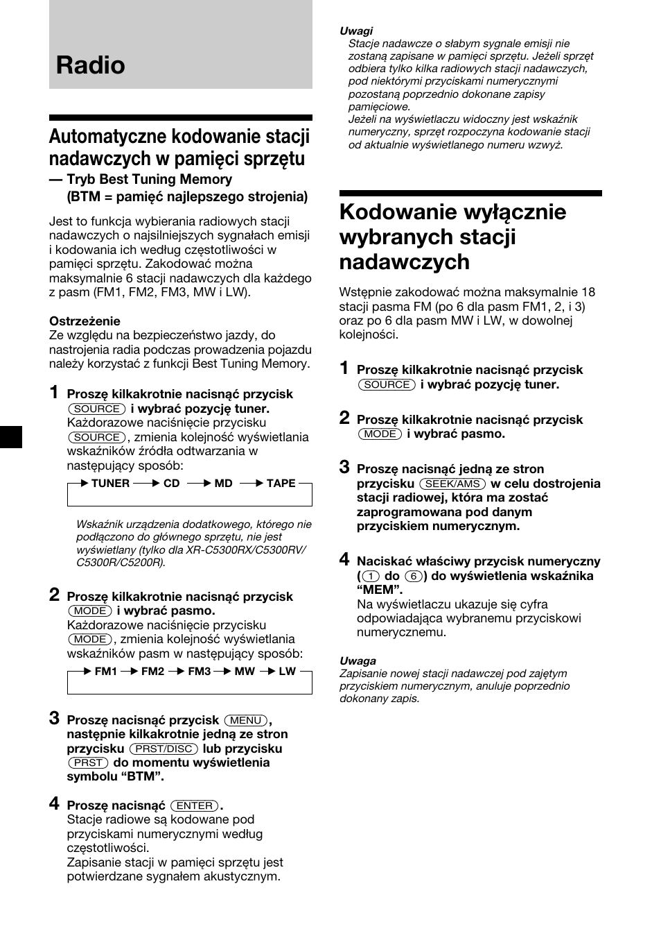 Radio, Kodowanie wyłącznie wybranych stacji nadawczych | Sony XR-4200R User Manual | Page 72 / 152